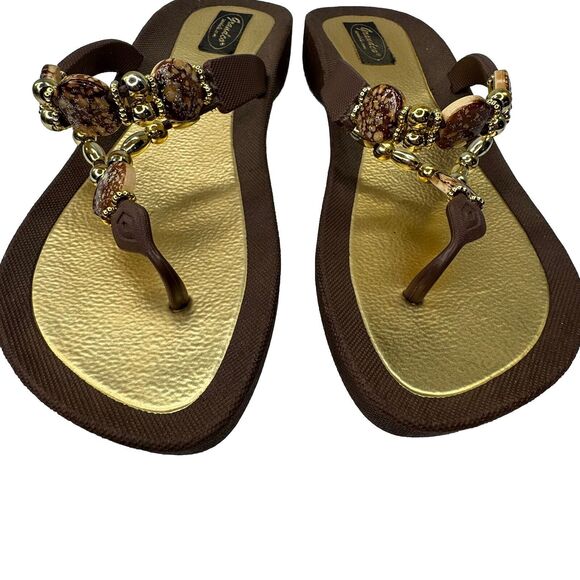 Grandco Jeweled Brown Slides Sandals Flip‎ Flop Size 10 Beach Bling Jewel Thong - Picture 1 of 8